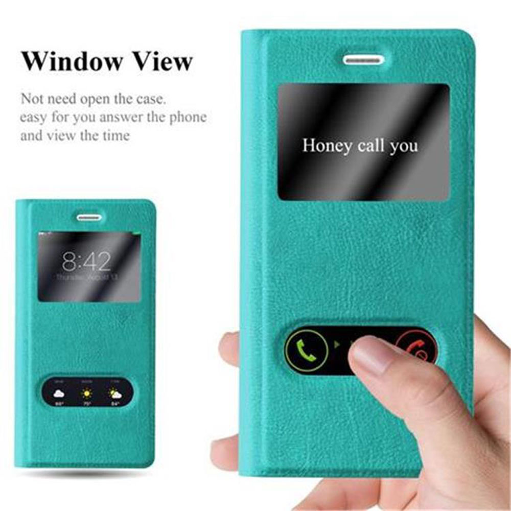 Una funda de teléfono que muestra la hora y una notificación de llamada. Texto: Vista de ventana. La funda es turquesa.