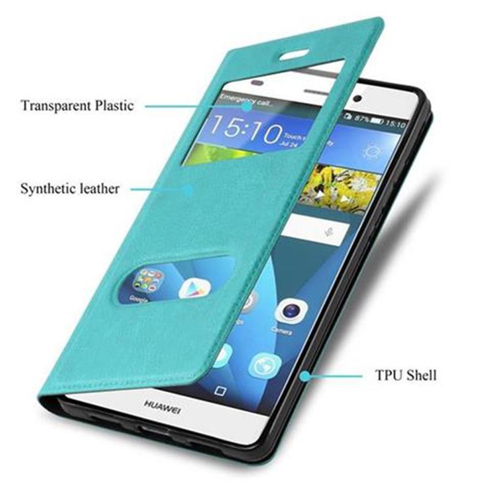 Teléfono en funda verde azulado abierta con ventana recortada. Texto: Plástico transparente y carcasa de TPU.