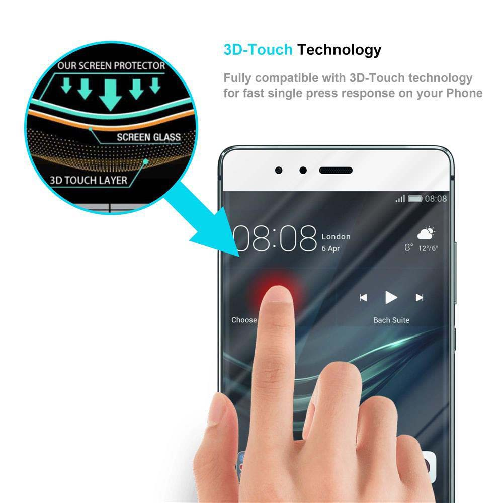 Dedo de una persona tocando la pantalla de un teléfono. Texto: Tecnología 3D-Touch. Muestra la capa del protector de pantalla.