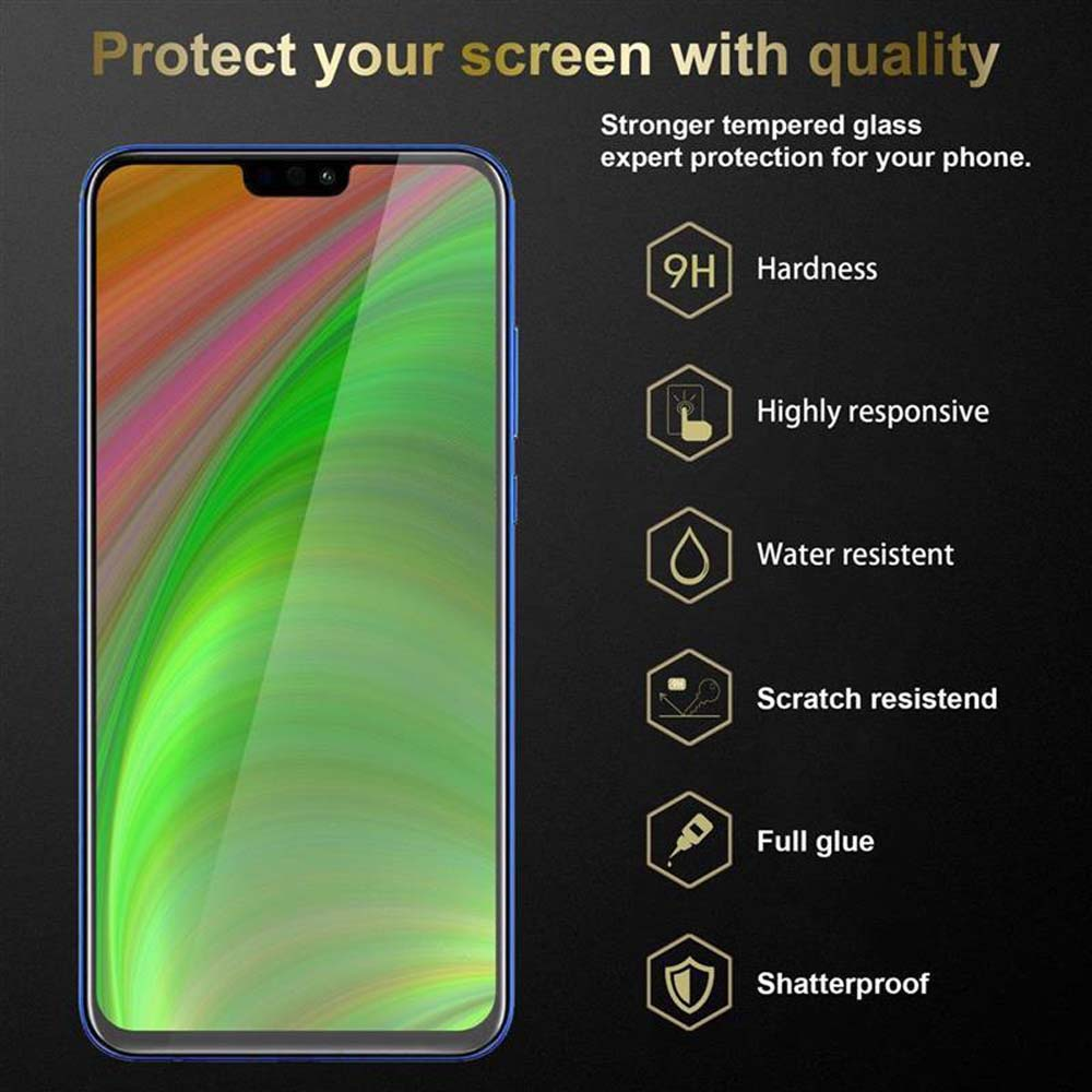 Schermo del telefono con cornice blu. Il testo evidenzia caratteristiche come durezza e resistenza all'acqua.
