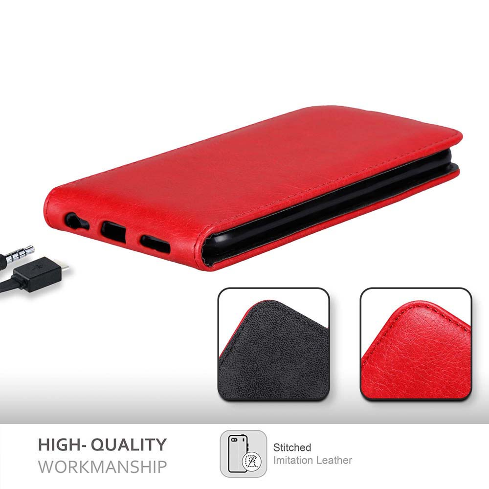 Eine rote Handyhülle mit einem Telefon im Inneren und Produktdetails.