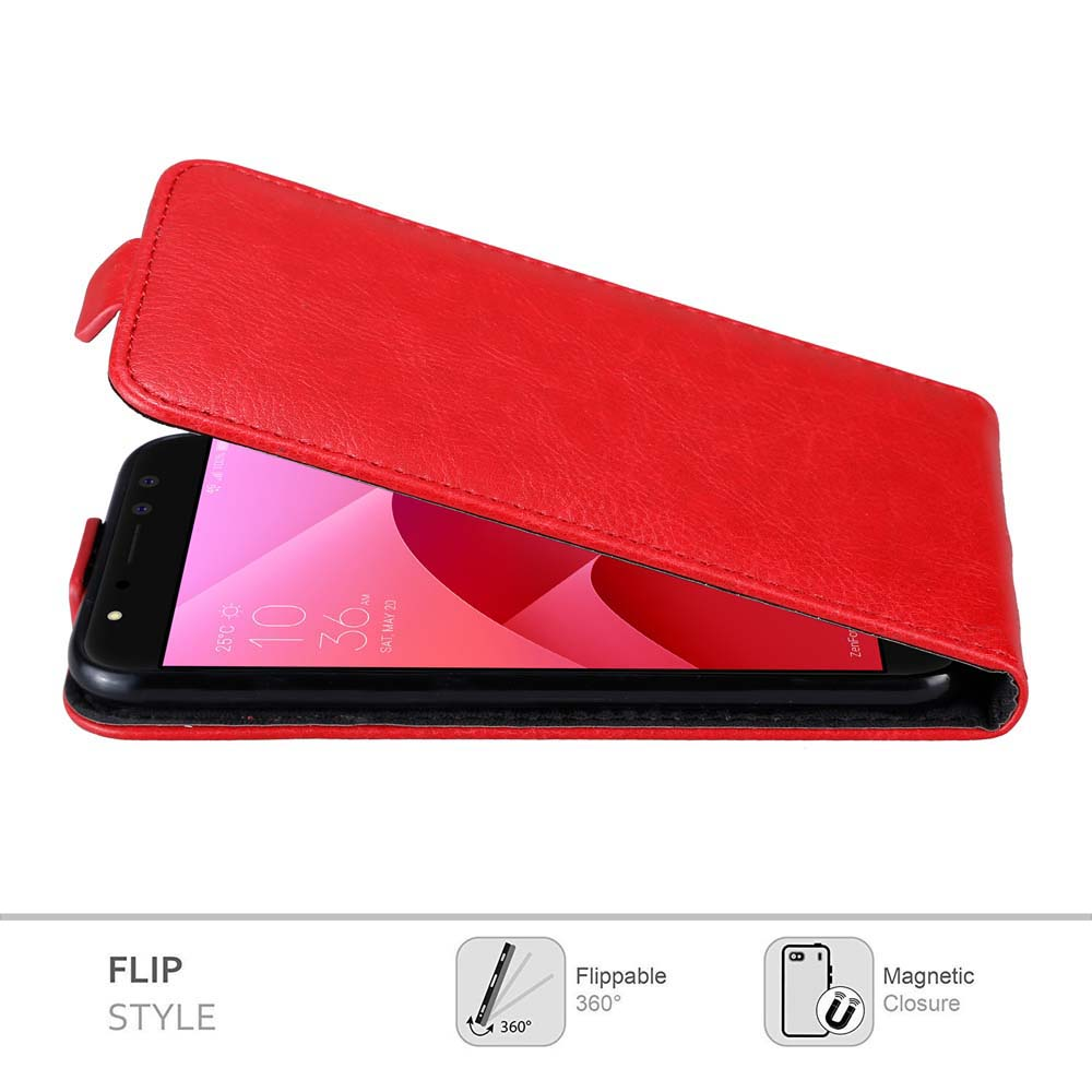 Rote Handyhülle mit einem Telefon darin. Die Hülle ist geöffnet, und der Bildschirm des Telefons ist sichtbar.