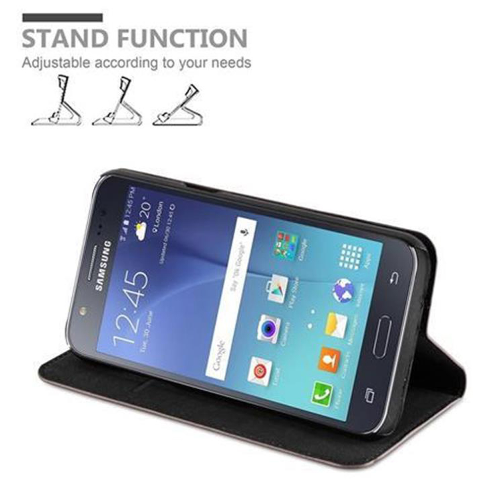 Smartphone in custodia nera, appoggiato. Testo 'Funzione supporto' e icone di regolazione.