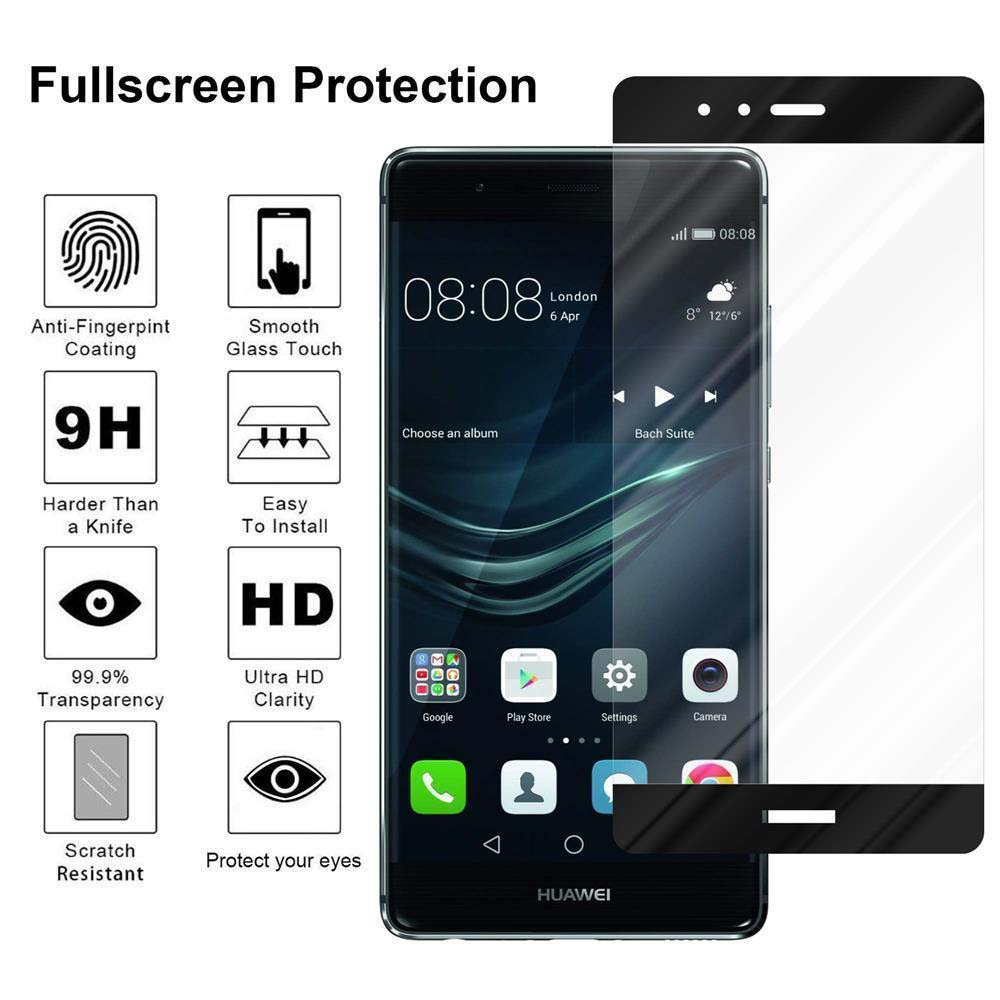 Teléfono Huawei con protector de pantalla. Iconos de huellas dactilares, toque, 9H, HD, transparencia y resistencia a rayones visibles.
