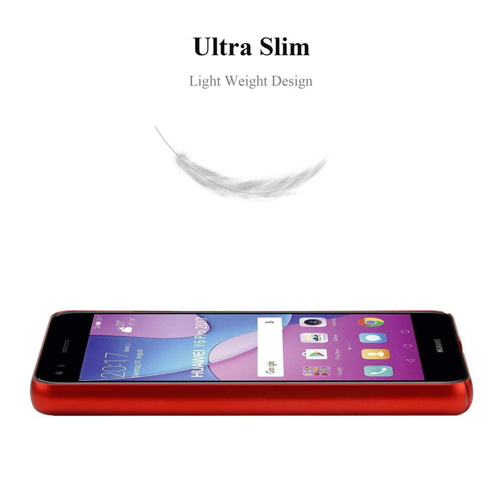Ein rotes Telefon mit sichtbaren Apps, eine weiße Federgrafik darüber. Text: 'Ultra Slim'.