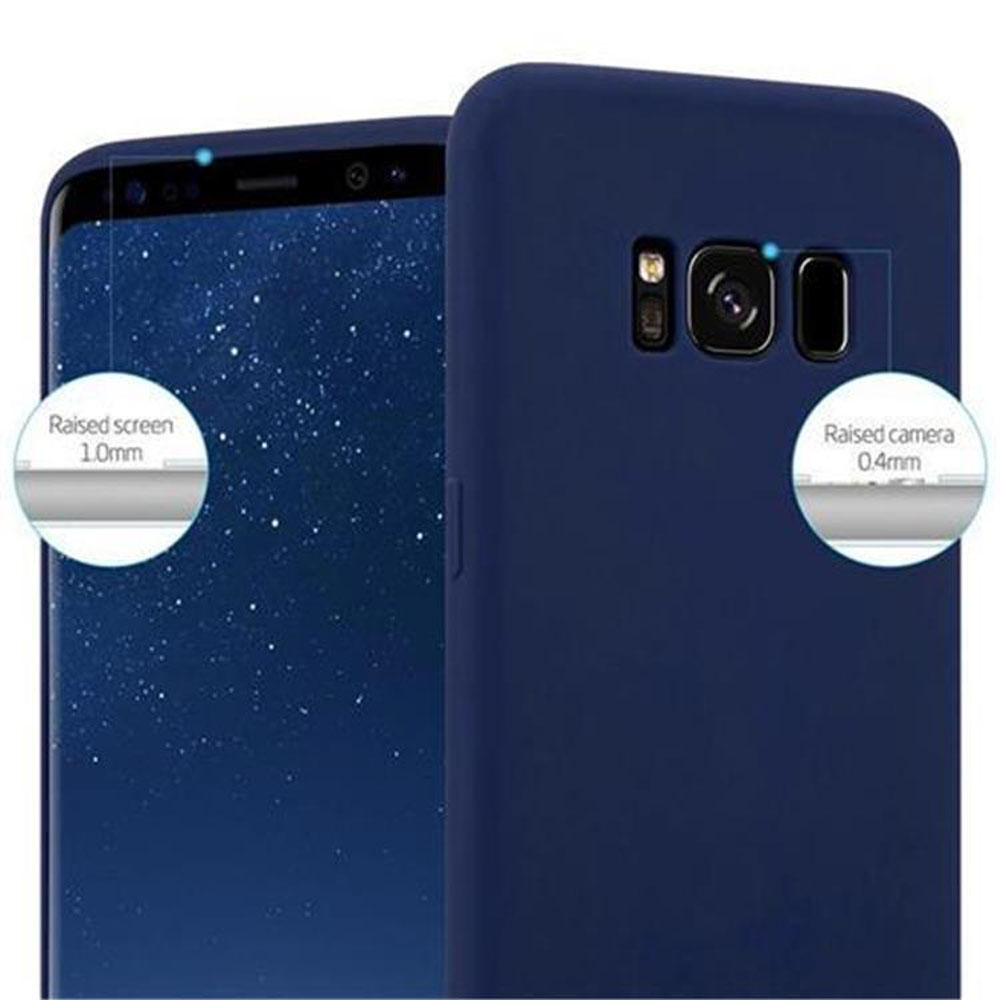 Un telefono e una custodia blu navy, con schermo e fotocamera rialzati, che mostra il design protettivo della custodia.