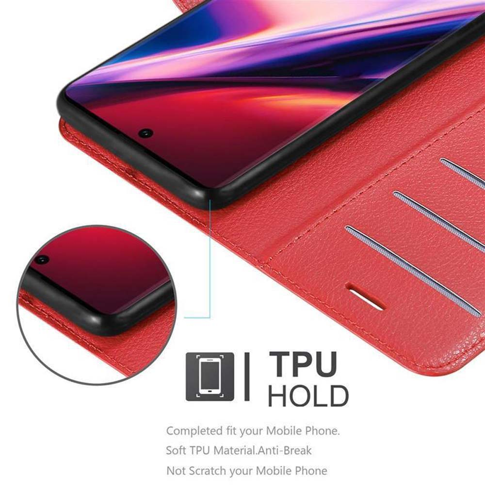 Custodia rossa, con telefono dentro. Testo: TPU HOLD, anti-rottura, non graffia.