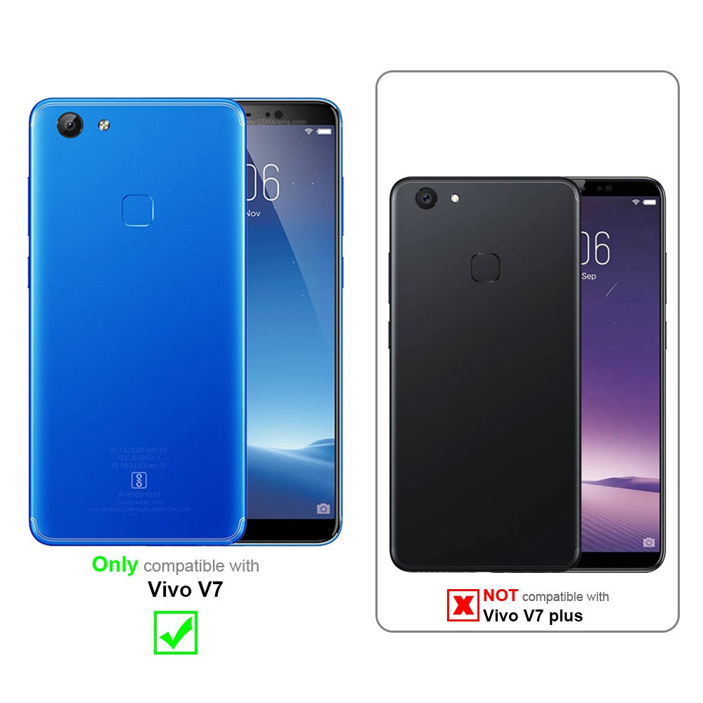 Custodia per telefono blu accanto a un telefono nero. La custodia blu è compatibile con Vivo V7. Quella nera non è compatibile.
