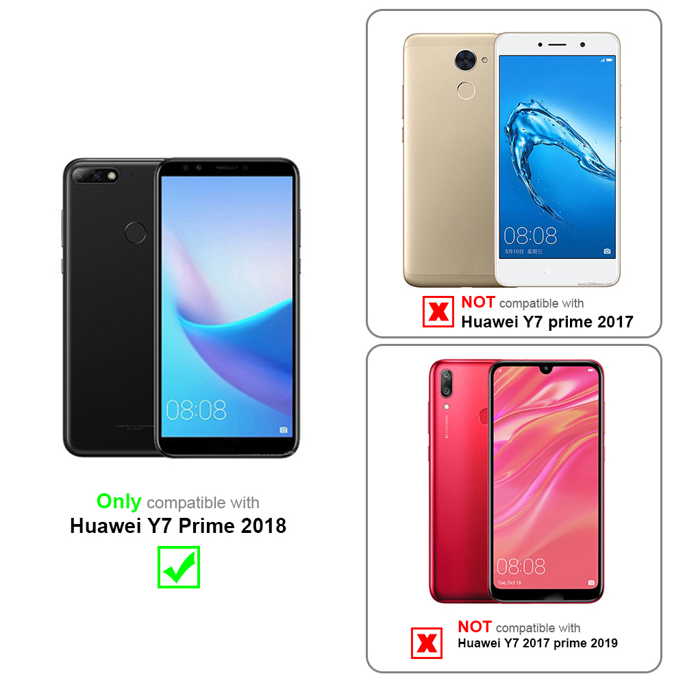 Drei Telefone und Hüllen. Text: Nur kompatibel mit Huawei Y7 Prime 2018.