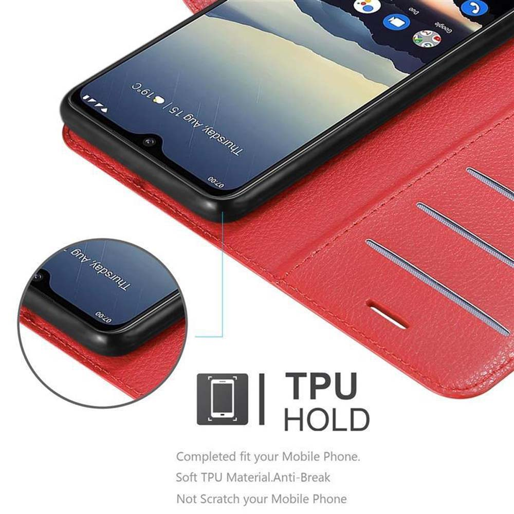 Rote Handyhülle offen mit Telefon. Telefonoberfläche sichtbar. Hülle hat Kartenfächer.
