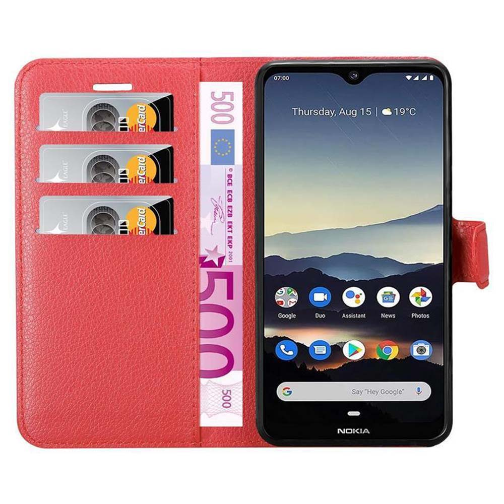 Rote Leder-Handyhülle offen, Telefon mit Karten und Geld innen zeigend.