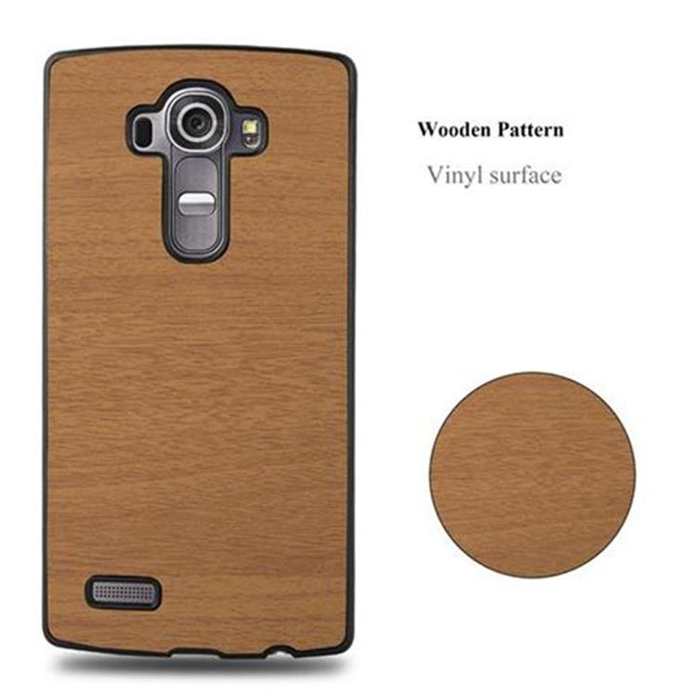 Una custodia per telefono in legno con un motivo rotondo in legno.