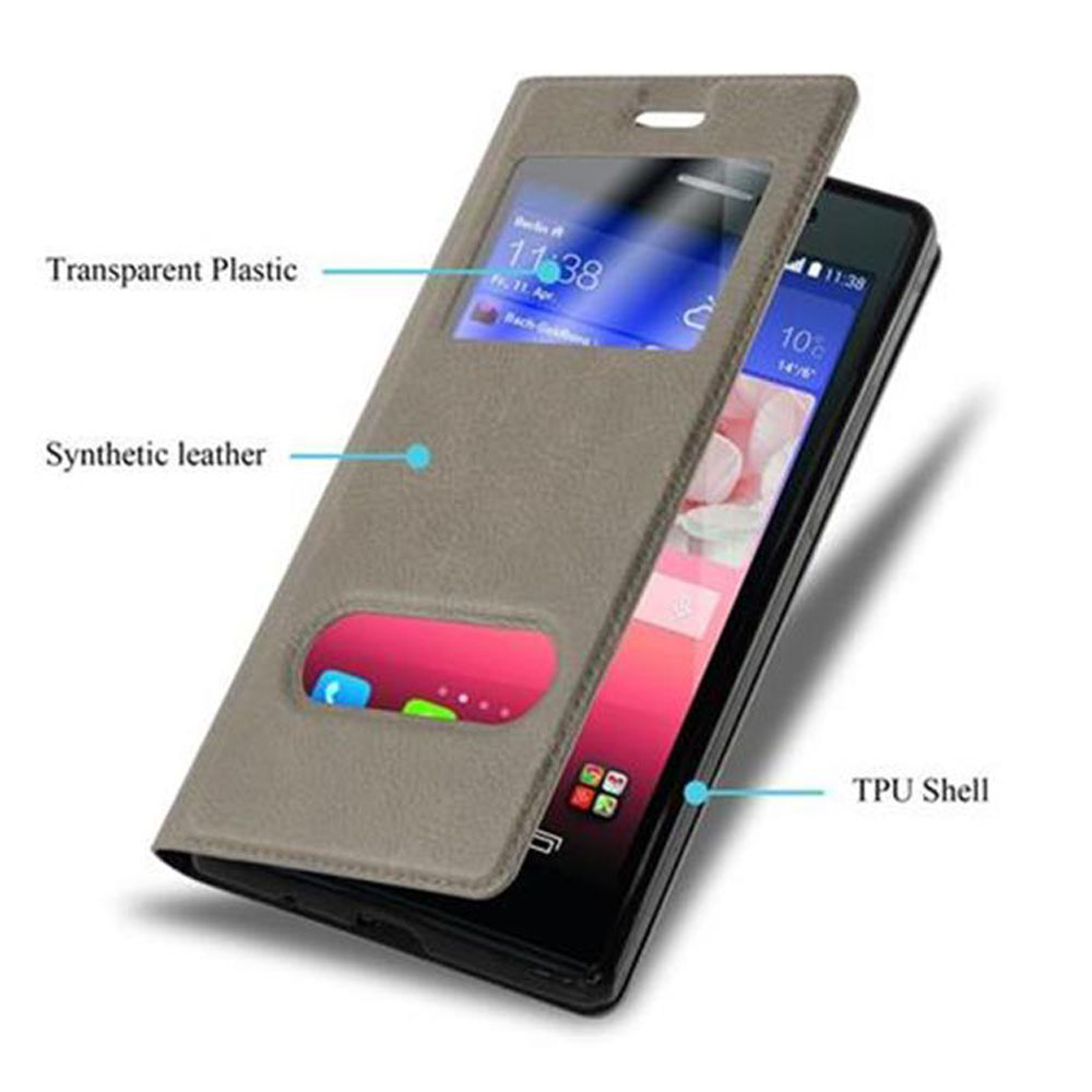 Teléfono en funda gris con ventana transparente. Texto: Plástico transparente, Cuero sintético, Carcasa de TPU.