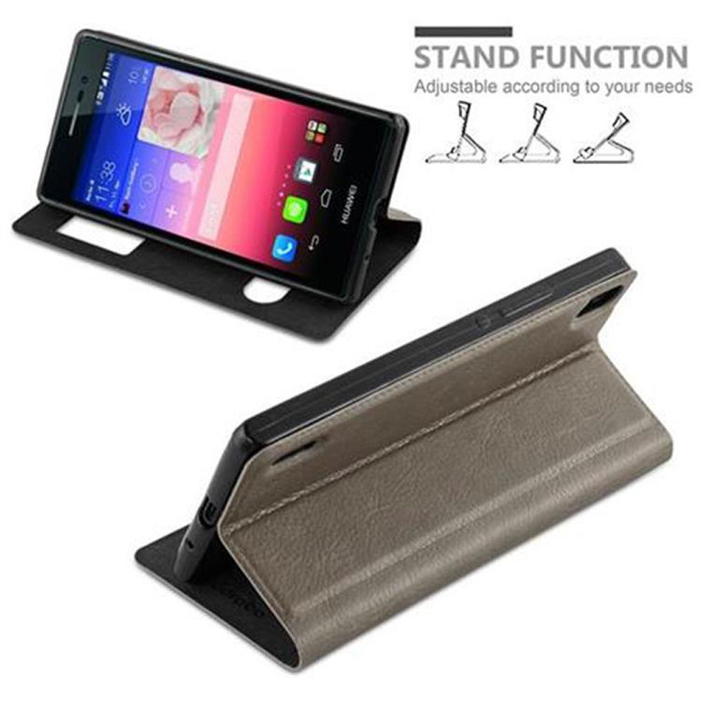 Un teléfono en una funda que se pliega para sostener el teléfono. Muestra la función de soporte.