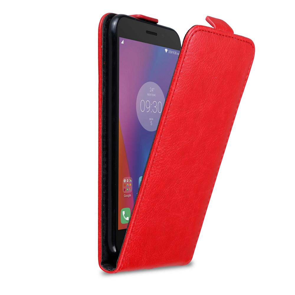 Funda roja para teléfono con teléfono y pantalla con hora.