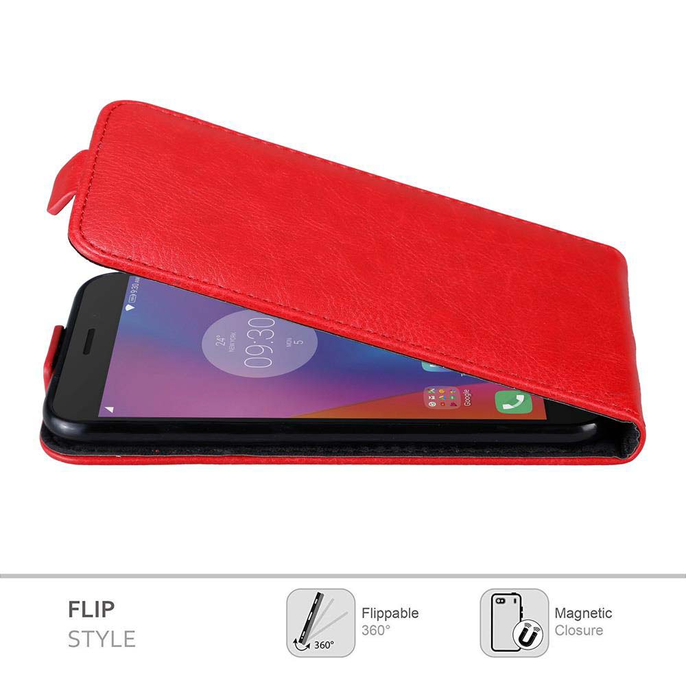 Funda roja tipo flip abierta, mostrando teléfono con visualización de hora.