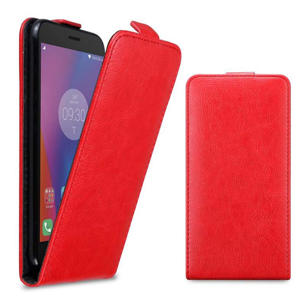 Una funda roja para teléfono con un teléfono dentro. La funda está abierta, mostrando la pantalla del teléfono. Textura de cuero rojo.