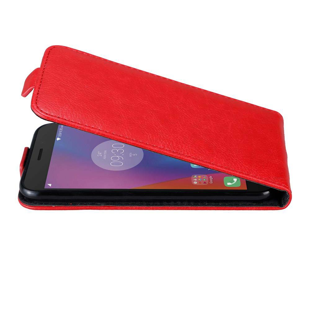 Funda roja de teléfono abatible abierta, mostrando la pantalla del teléfono. La pantalla muestra un reloj e iconos de aplicaciones.