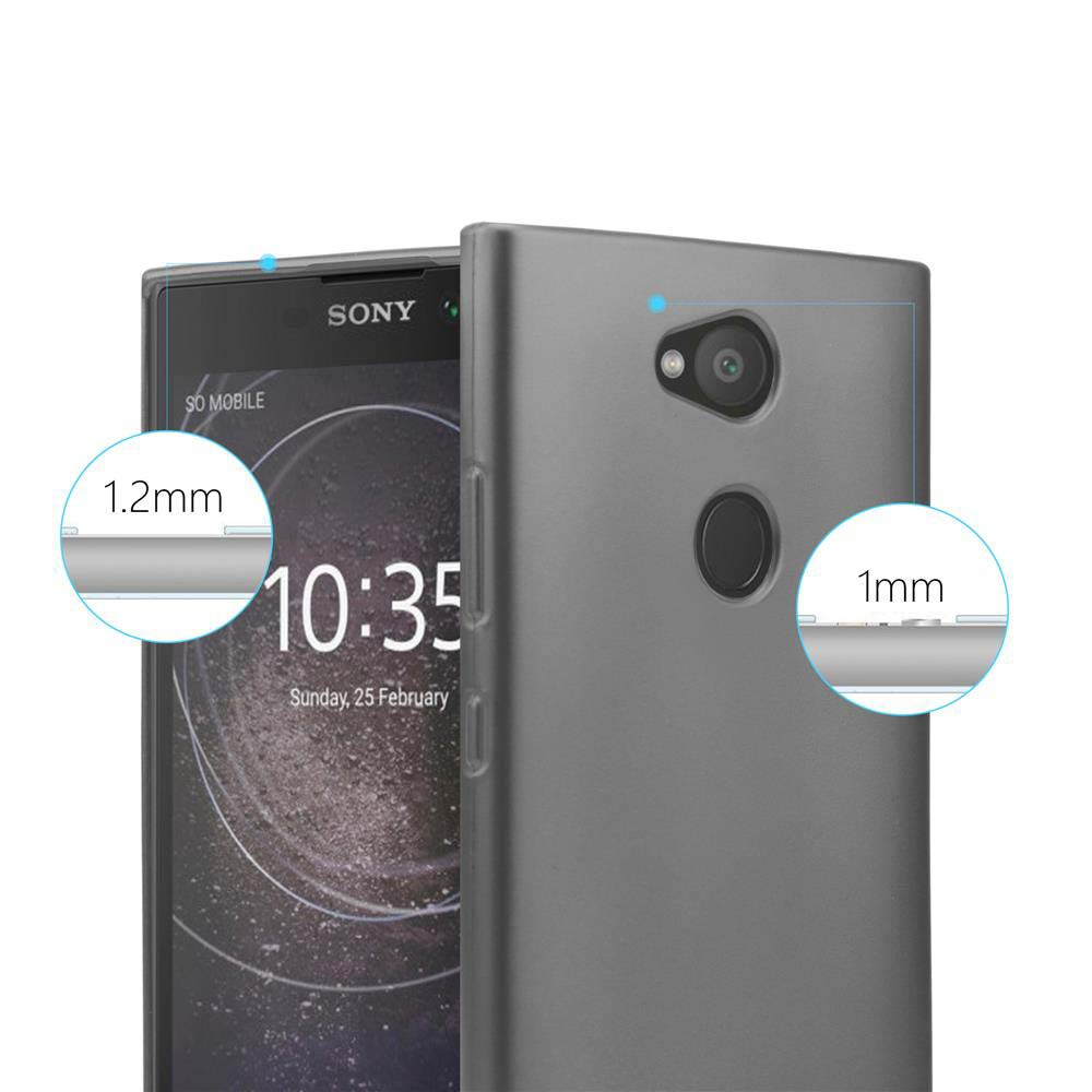 Nahaufnahme eines grauen Smartphones, das die Uhrzeit anzeigt. Der Bildschirm zeigt 10:35, Sonntag, 25. Februar. Text zeigt 1,2 mm und 1 mm.