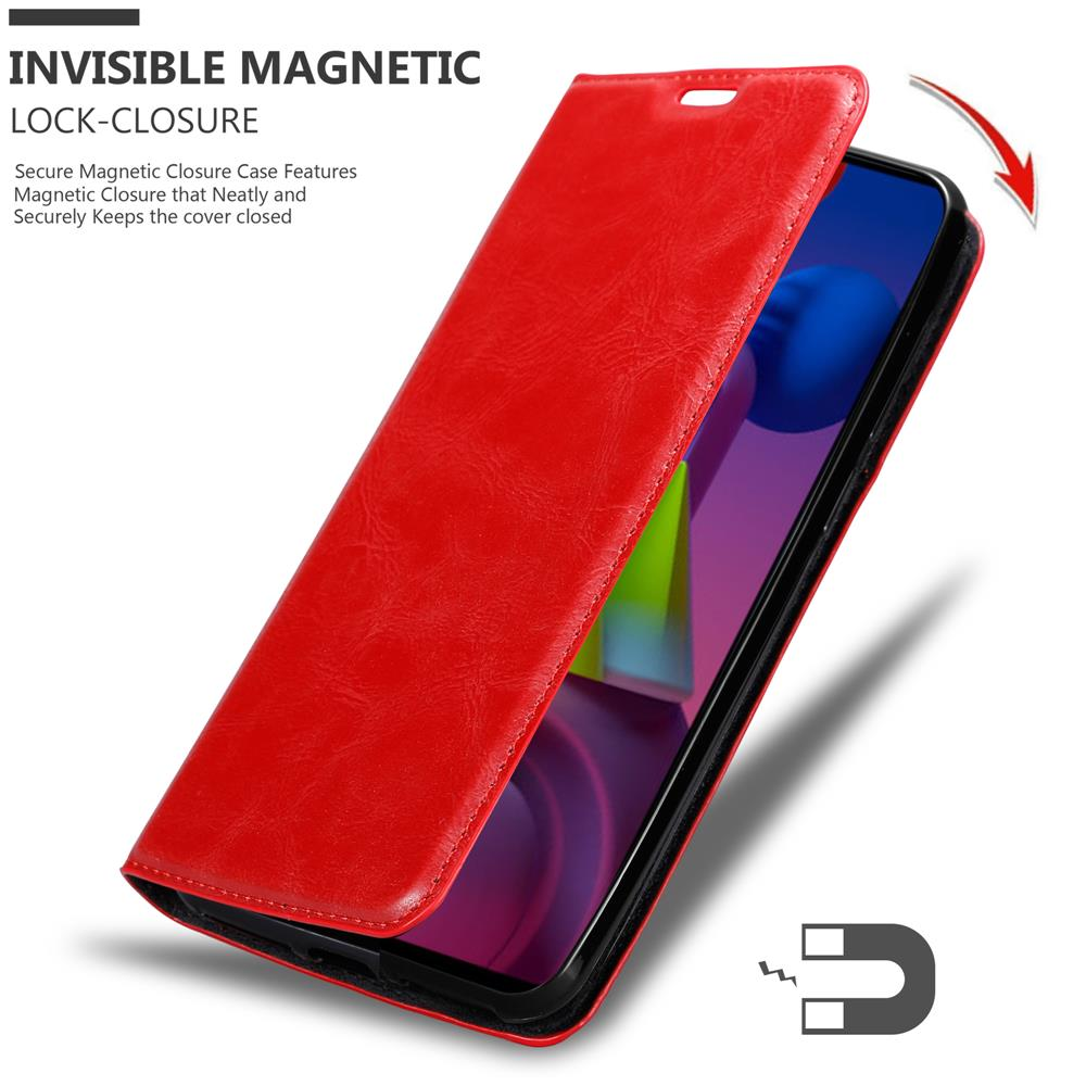Rote Handyhülle mit sichtbarem Magnetverschluss. Offen, Telefon innen sichtbar. Weißer Hintergrund.
