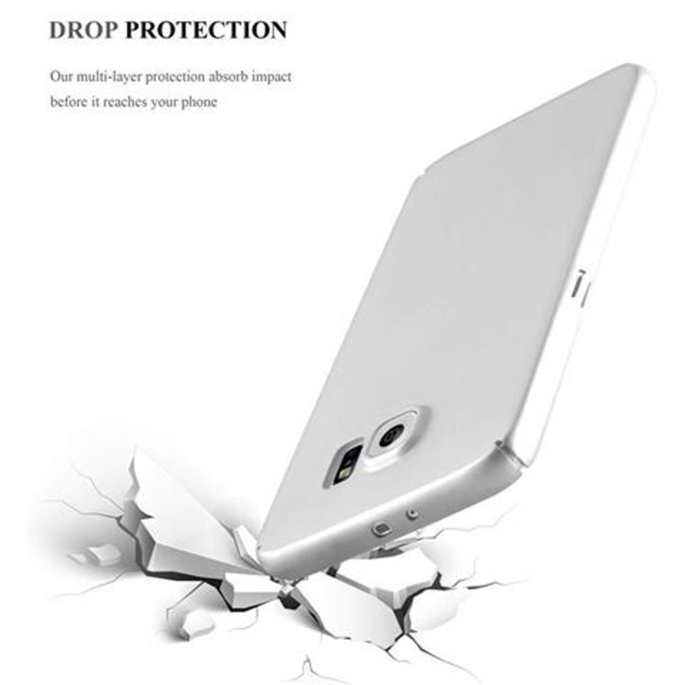 Custodia per telefono con sfondo bianco. Un telefono cade, causando la rottura dello schermo. La custodia lo protegge.