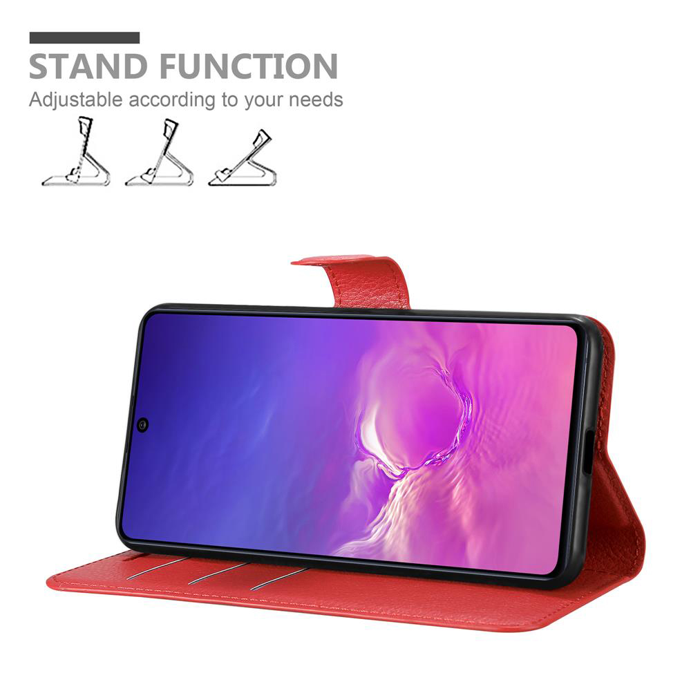 Custodia rossa con telefono all'interno, mostra la funzione supporto.