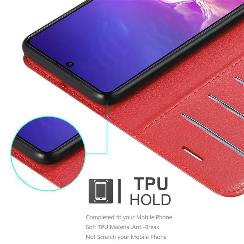 Custodia rossa con telefono dentro, mostrando l'alloggiamento TPU e le funzioni anti-rottura.