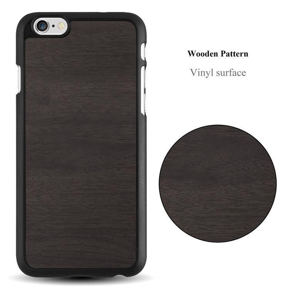 Eine schwarze Handyhülle mit Holzmaserung. Text lautet 'Wooden Pattern' und 'Vinyl surface'.