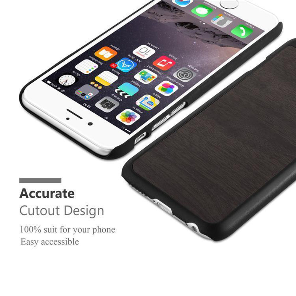 Telefon mit Holzmaserungsgehäuse. Gehäuse ist schwarz und braun. Telefonbildschirm zeigt Apps. Text 'Accurate Cutout'.