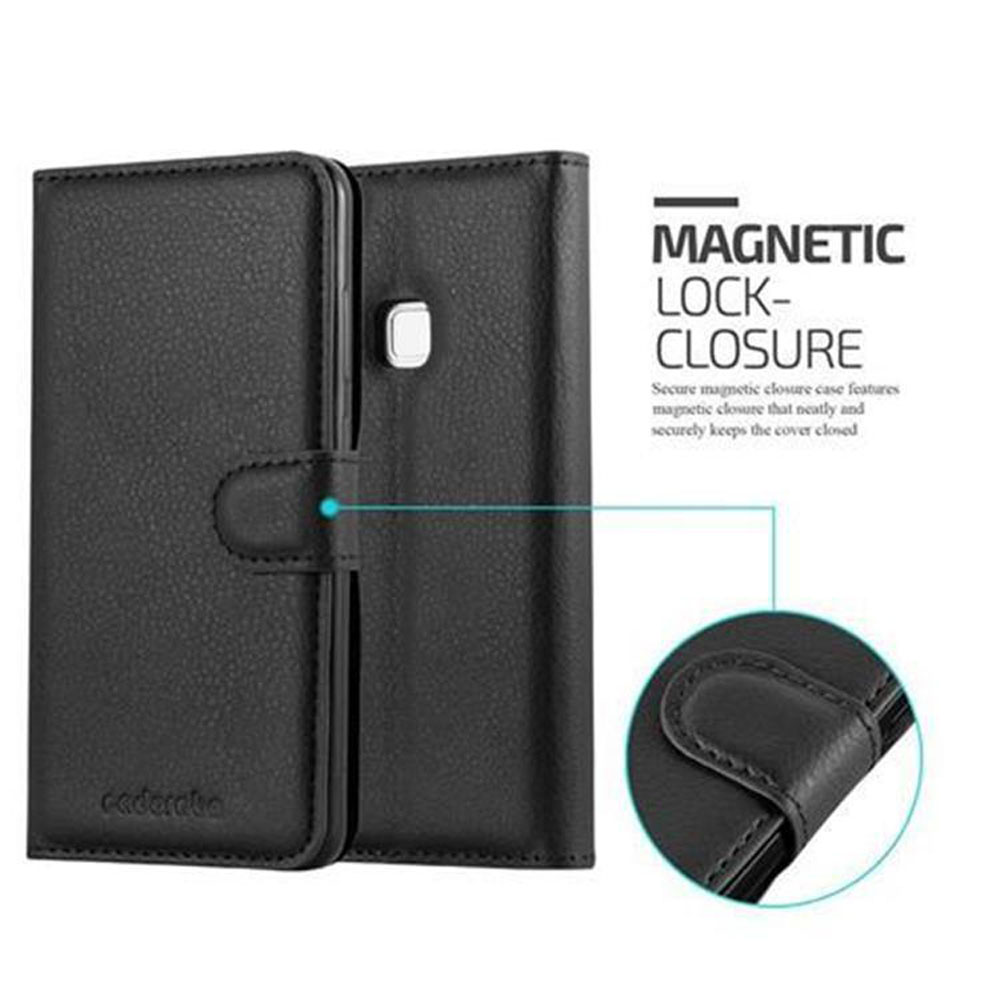 Custodia per telefono in pelle nera aperta, che mostra i dettagli della chiusura magnetica. Il testo dice 'chiusura magnetica'.