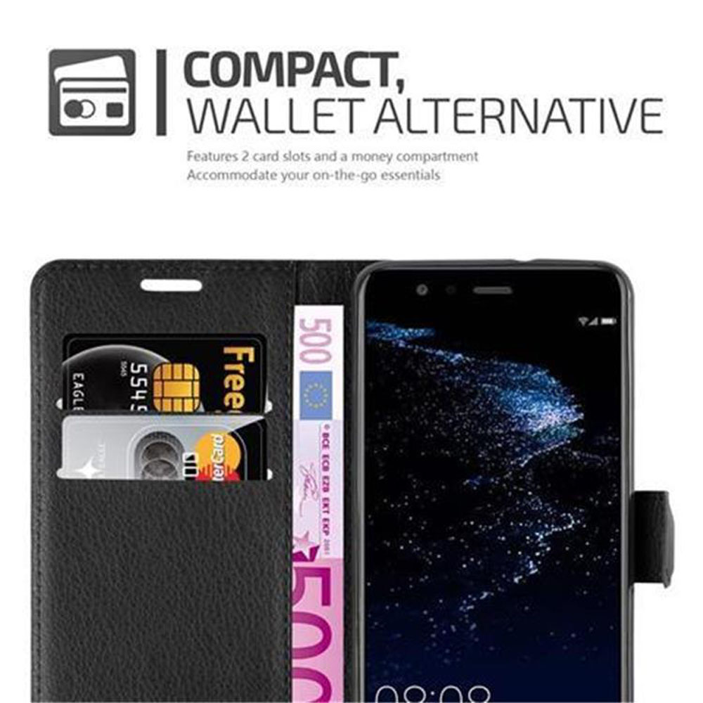 Custodia nera per telefono con carte di credito e denaro. Testo: alternativa portafoglio compatto. Fessure.