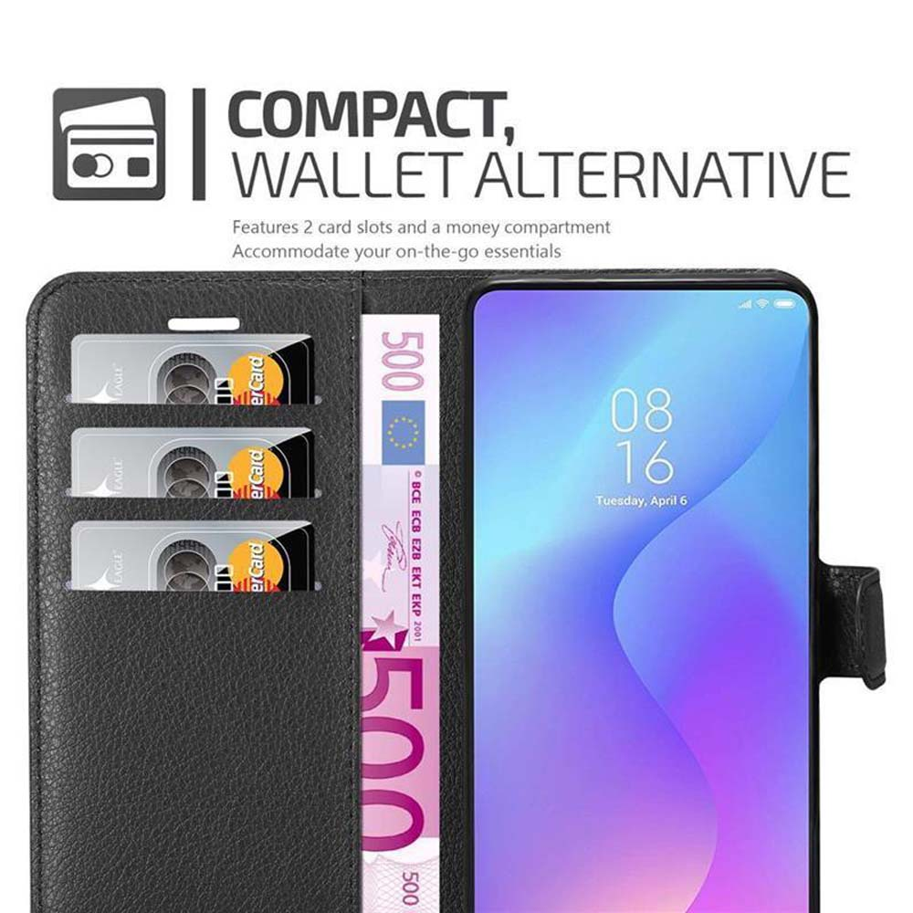 Telefono nero in una custodia a portafoglio. Caratteristiche: slot per carte e scomparto per denaro. Visibile una banconota da 500 euro.
