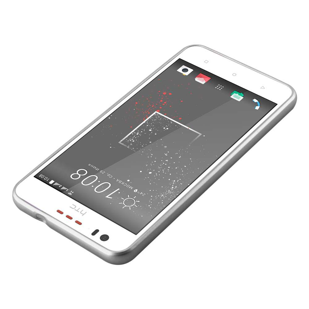 Un teléfono inteligente blanco que muestra la hora. El teléfono tiene un marco plateado.
