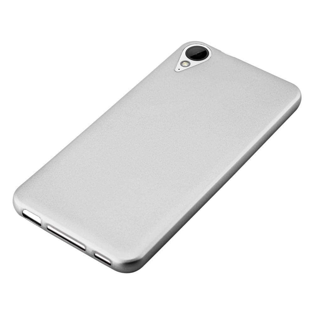 Funda plateada para teléfono sobre fondo blanco. La funda tiene un agujero para la cámara y es lisa.