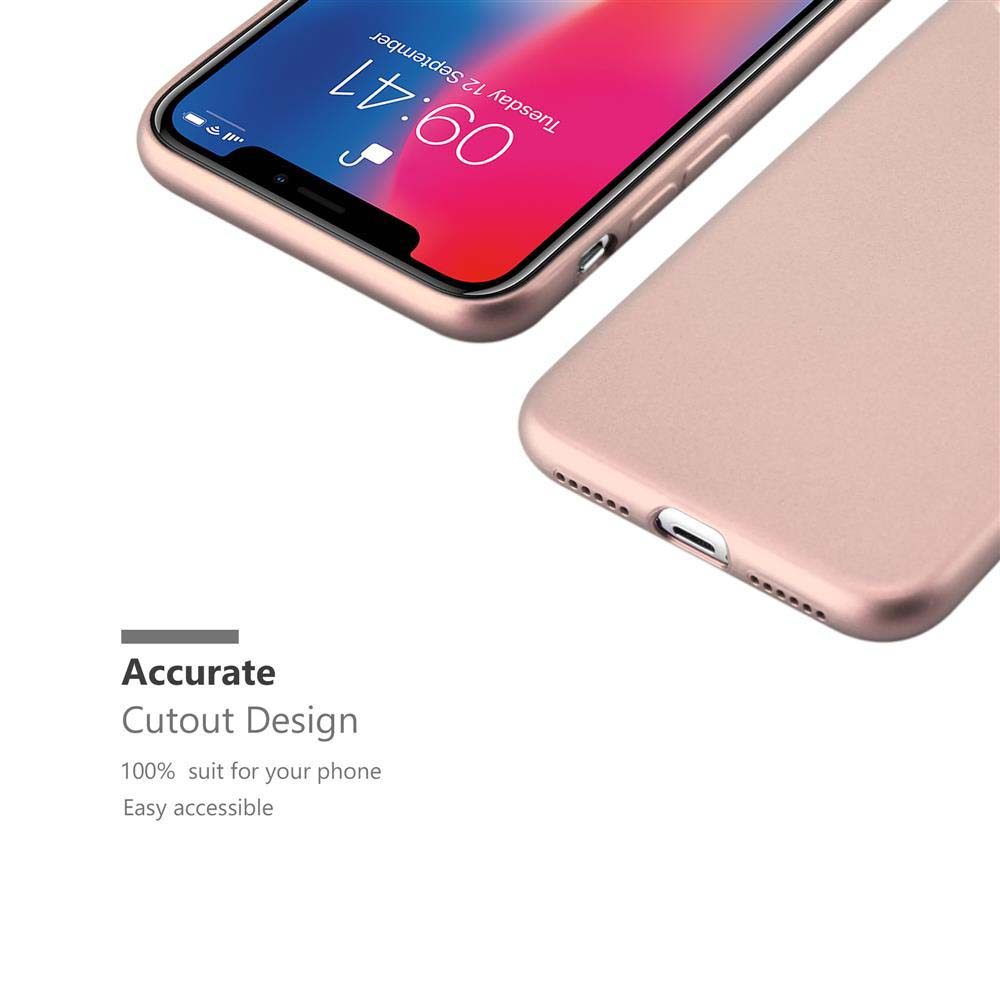 Telefon und Hülle, Gold und Rose. Text: Genaue Aussparungsdesign, 100% passend für Ihr Telefon, leicht zugänglich.