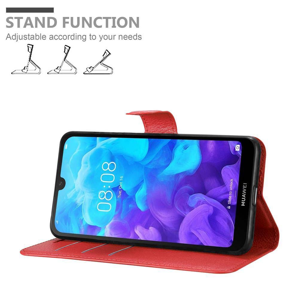 Custodia per telefono rossa con telefono all'interno, puntellata. Lo schermo mostra l'ora.