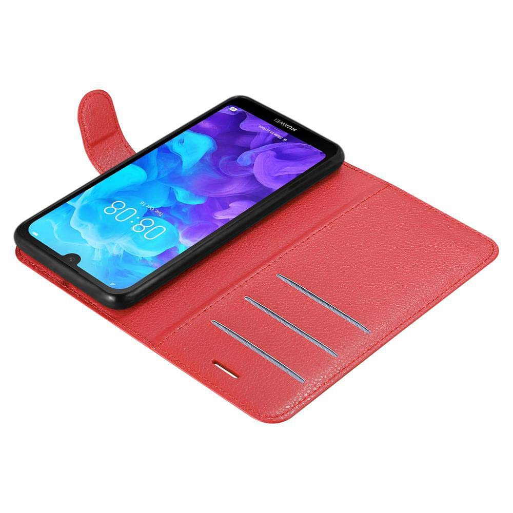 Custodia per telefono rossa con telefono che mostra l'ora. La custodia ha fessure per carte. Il telefono è aperto.