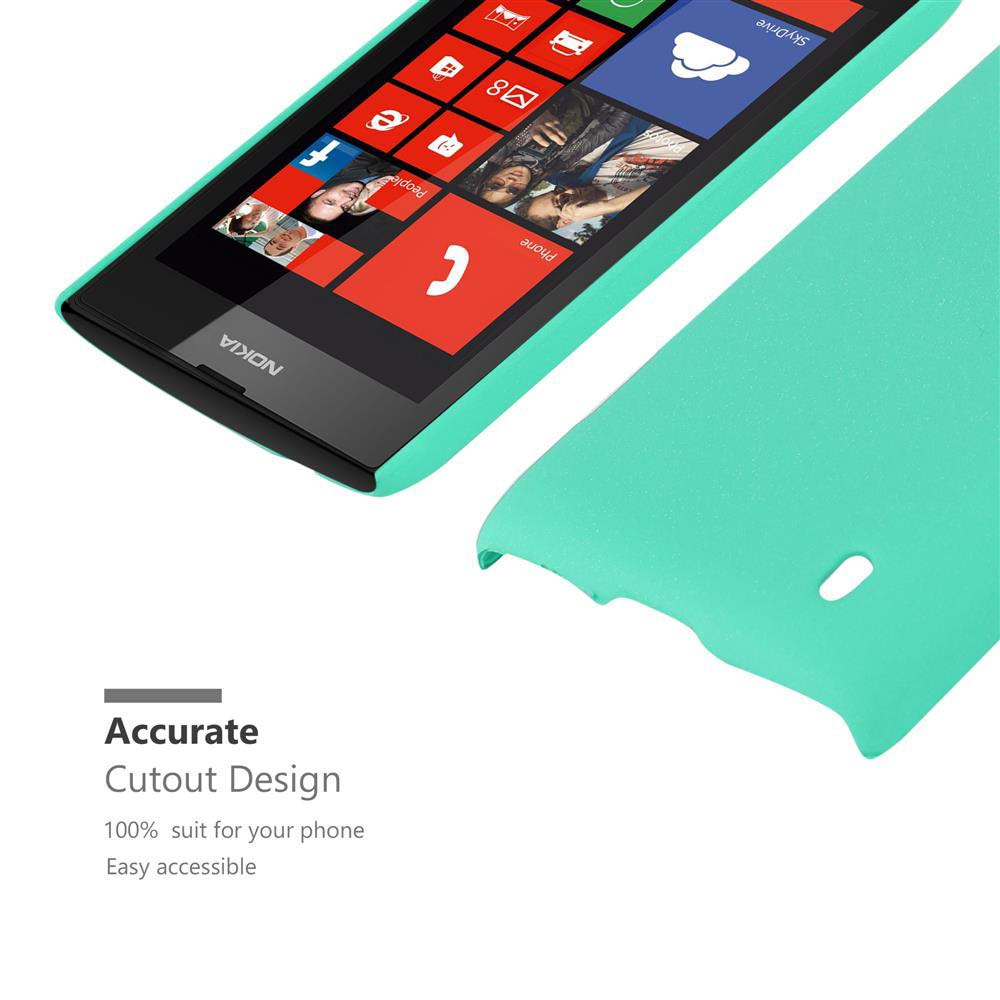 Viene mostrato un telefono con una custodia verde acqua. Lo schermo del telefono visualizza le icone delle app.