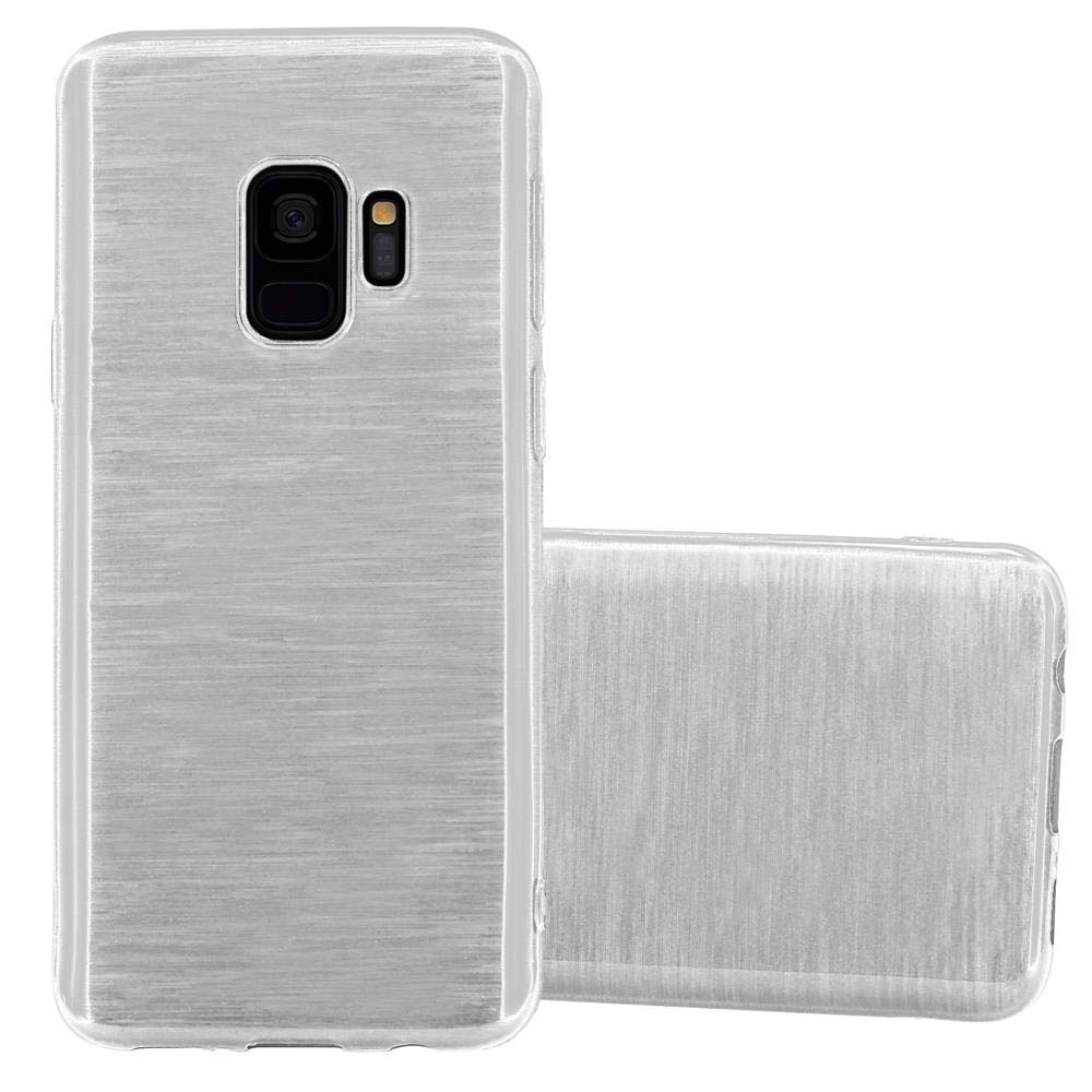 Due custodie argentate per telefono, una in piedi e una sdraiata. Le custodie hanno una texture in metallo spazzolato.