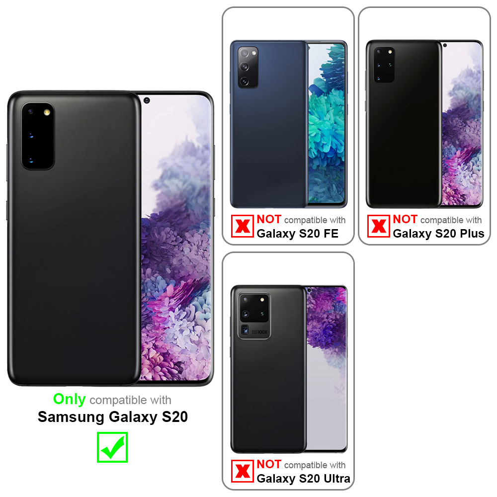 Drei Telefone und Hüllen werden gezeigt. Nur Samsung Galaxy S20 ist kompatibel. Die anderen Telefone sind nicht kompatibel.