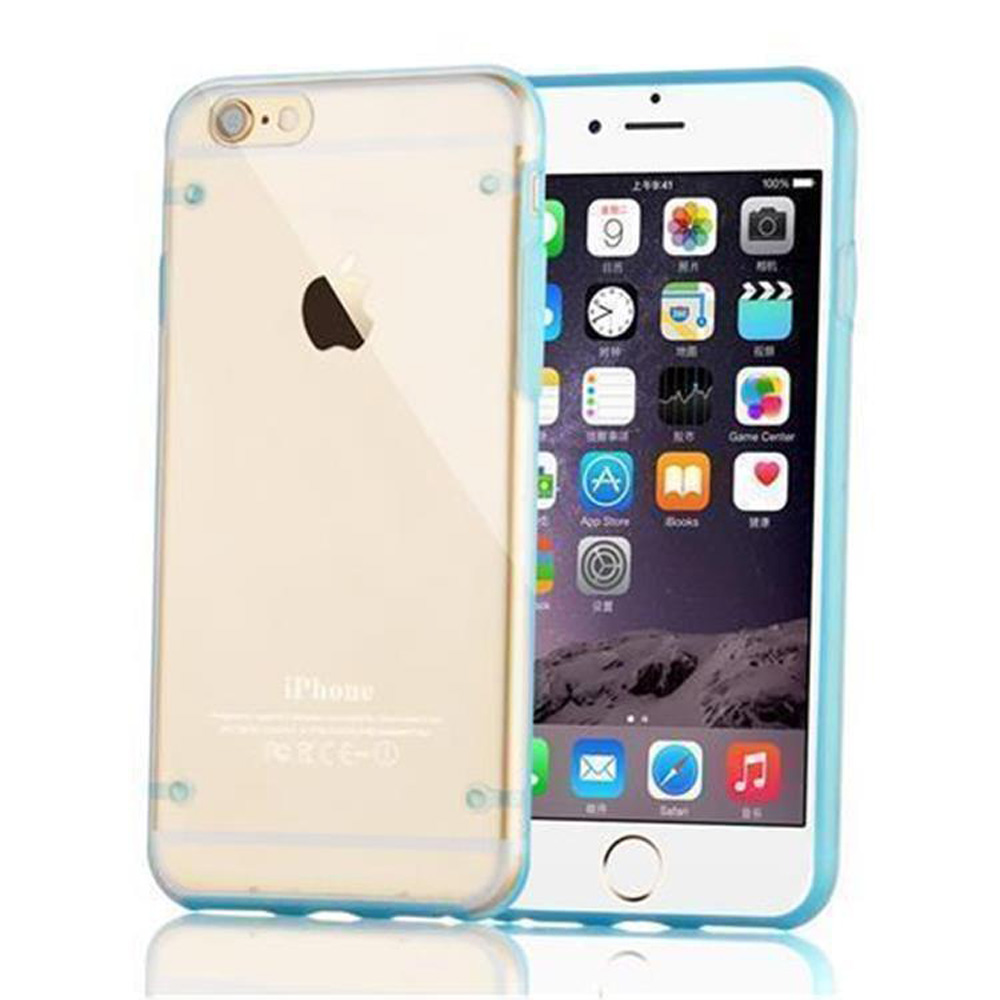 Dos teléfonos uno al lado del otro. El izquierdo tiene una funda transparente, el derecho una azul.