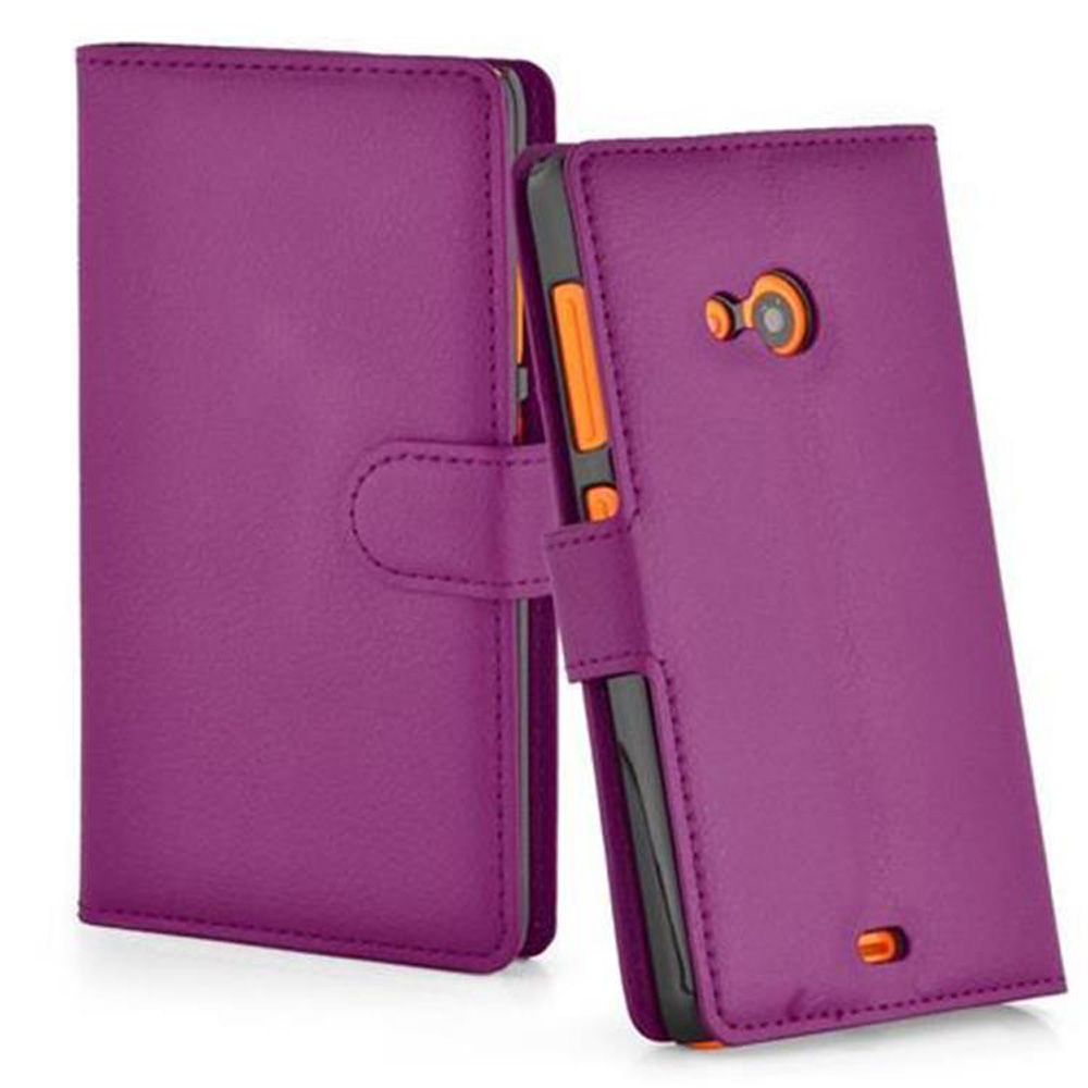 Una custodia viola chiusa. Una seconda custodia è aperta, mostrando un telefono con accenti arancioni.