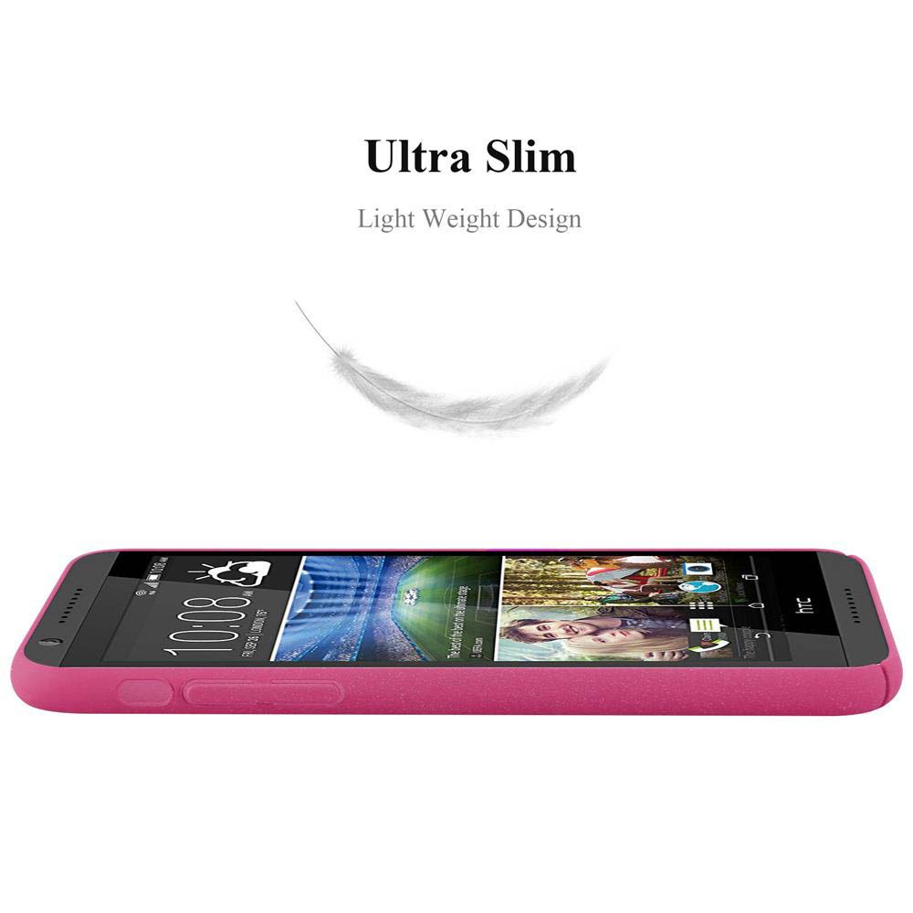 Ein rosa Telefon von der Seite gesehen. Es hat einen Bildschirm und ein rosa Gehäuse. Eine Feder schwebt darüber.