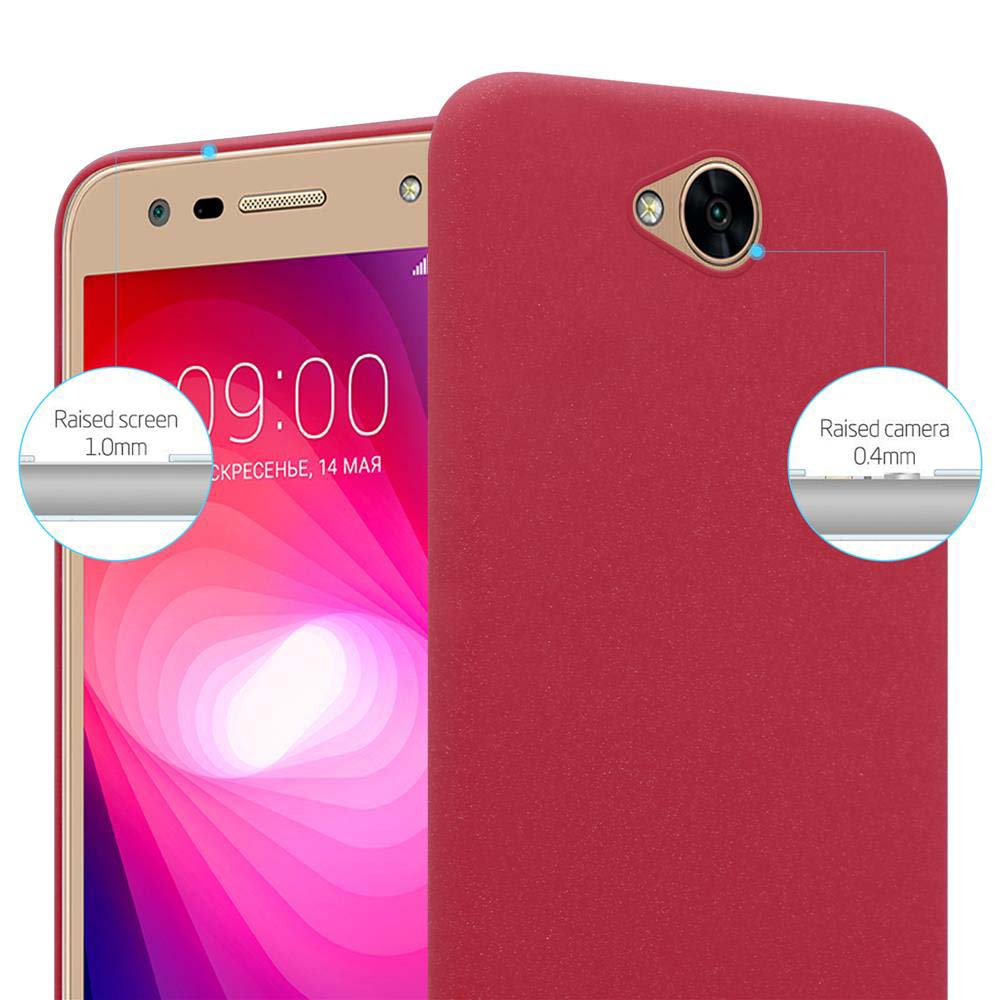 Telefono con schermo e fotocamera rialzati, con testo. Custodia rossa su un telefono rosa.