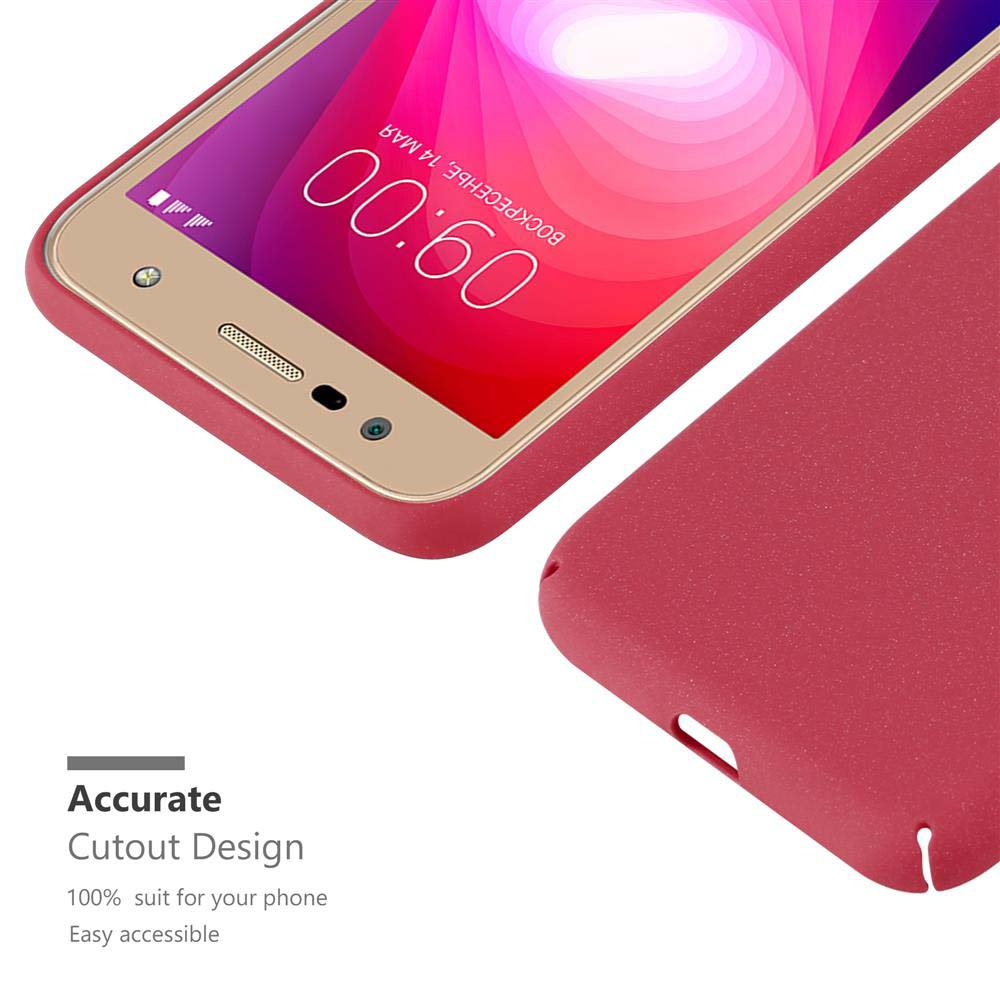 Telefono in una custodia rossa. Testo Accurate Cutout Design. Lo schermo del telefono mostra l'ora e una custodia rossa accanto.