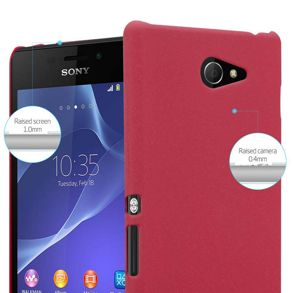 Rote Handyhülle mit einem Telefon darin. Das Telefon hat ein Sony-Logo und einen Bildschirm.