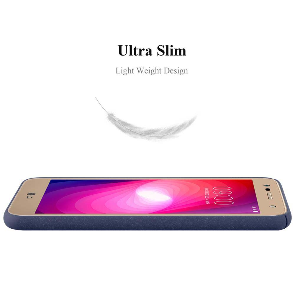 Telefono ultra sottile con custodia blu. Una piuma bianca fluttua sopra il telefono, evidenziandone la leggerezza.