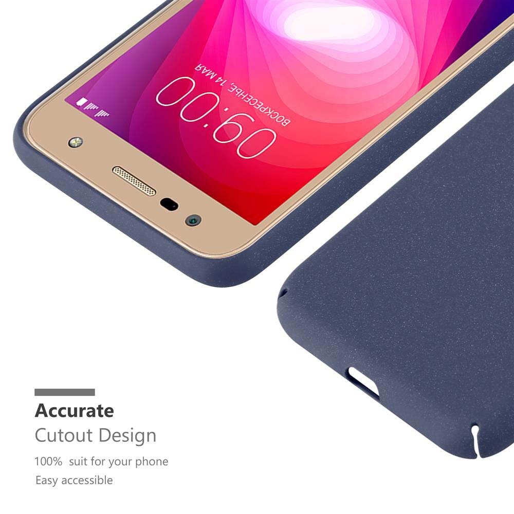 Telefono in una custodia blu, con testo: Design con ritagli precisi. Il telefono e la custodia sono mostrati insieme.