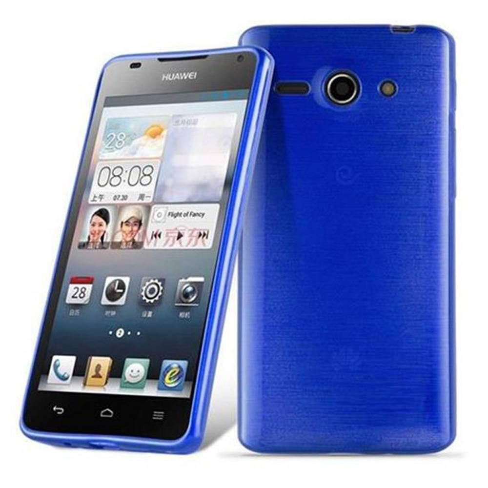Smartphone blu, che mostra il suo schermo con icone e interfaccia, e un'altra vista del retro del telefono.