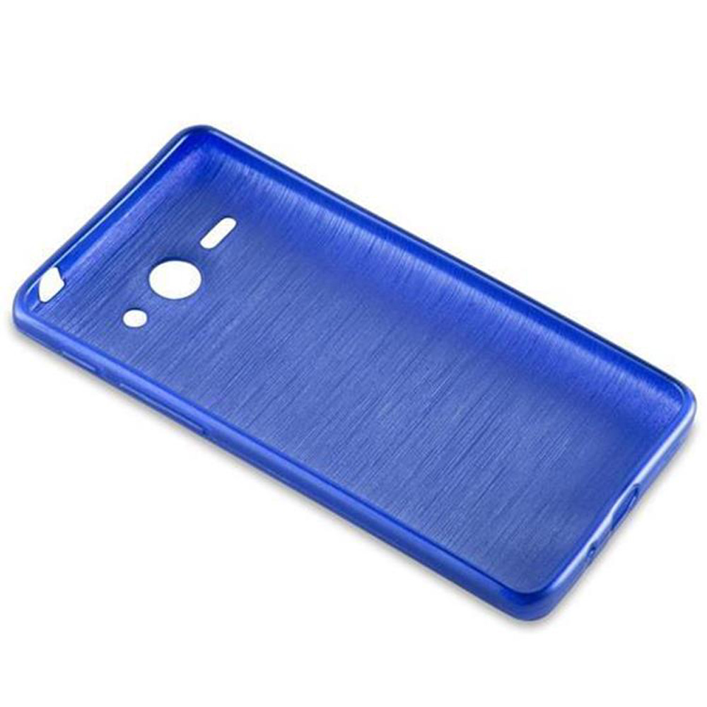 Una custodia per telefono blu con ritagli per la fotocamera e altre porte.